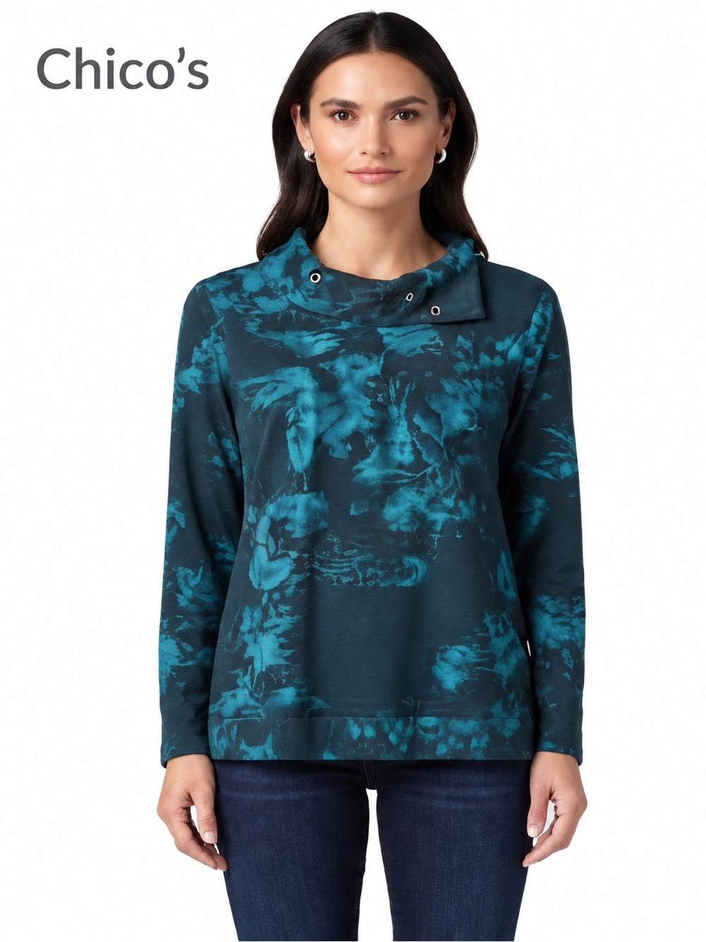 Chico’s Size 3 XL Teal Floral Grommet Cowl Neck Long Sleeve Top